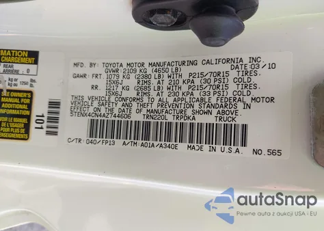 2010 Toyota Tacoma z USA, uszkodzony, nr VIN 5TENX4CN4AZ744606